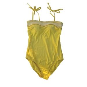 Draper James Lands End One Piece Swimsuit Womens 12 Yellow EUC Smocked Tie Strap